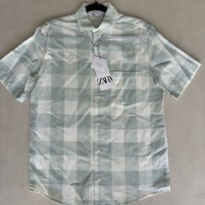 Zara Men's Mint Checkered linen Shirt